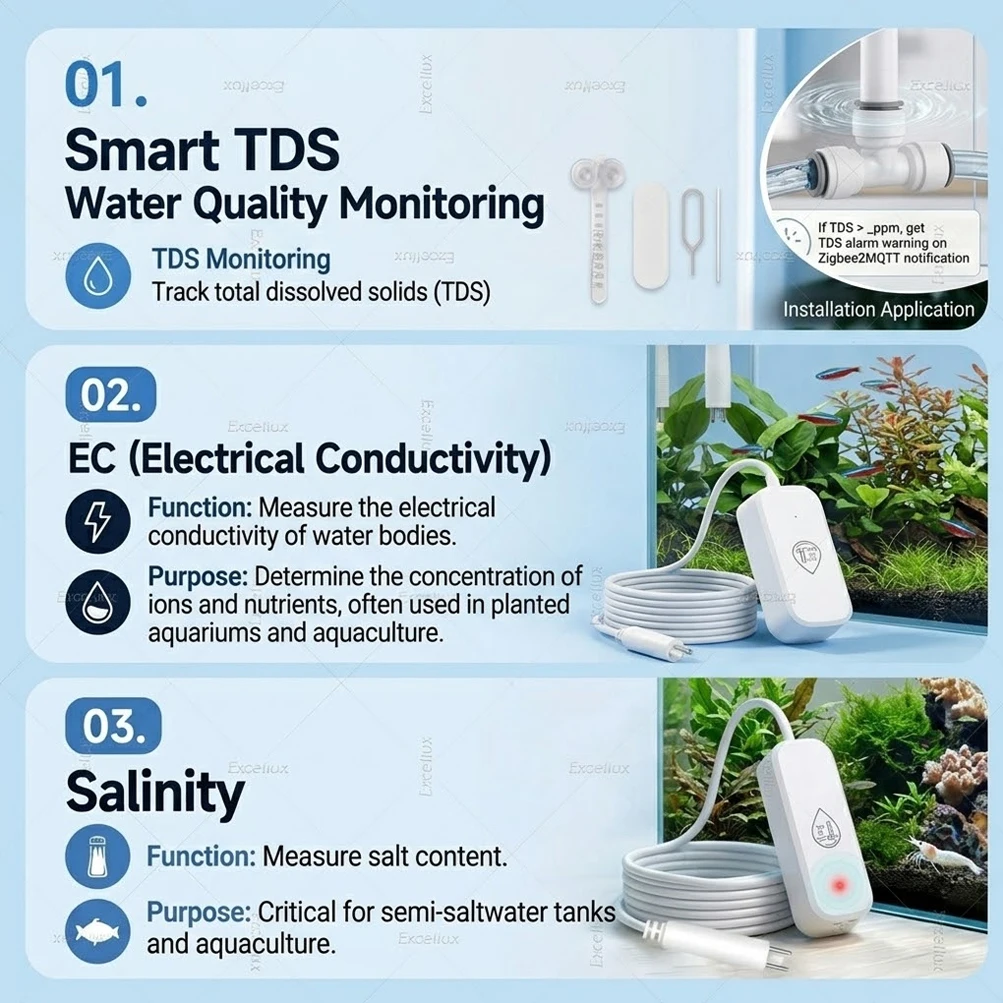 Zigbee 7-In-1 Water Quality Tester Probe Temp/TDS/EC/SG/ Salinity Meter Temperature Humidity Sensor For Aquariums Hydroponic Z2M