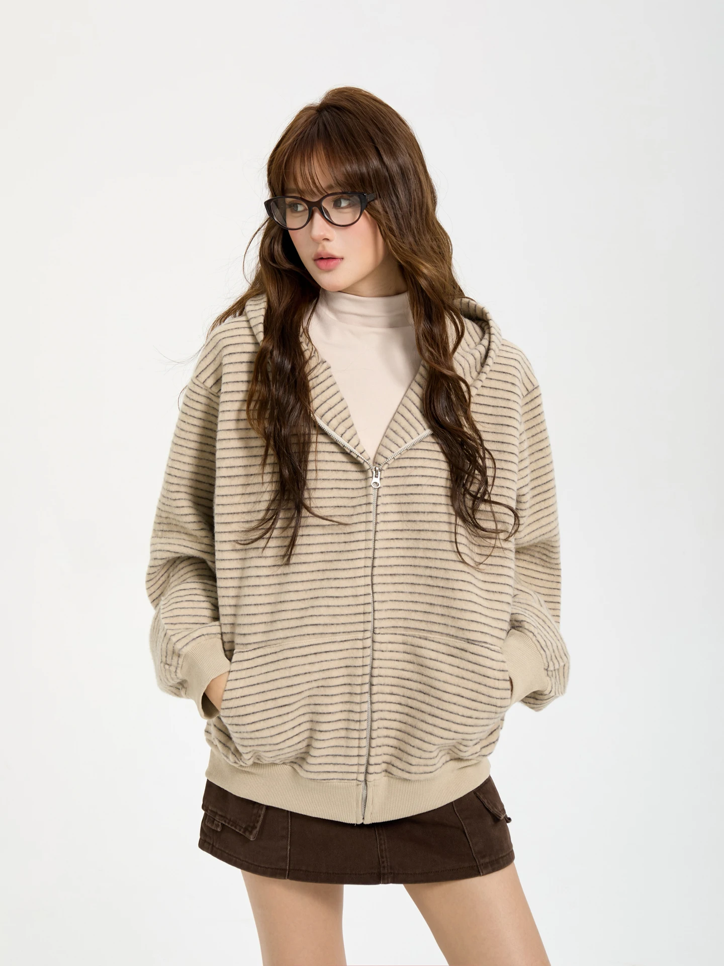 

7KEEWEN Осенняя женская толстовка-кардиган в американском ретро-стиле, свободного кроя, с капюшоном, в полоску, на молнии, для уличной моды