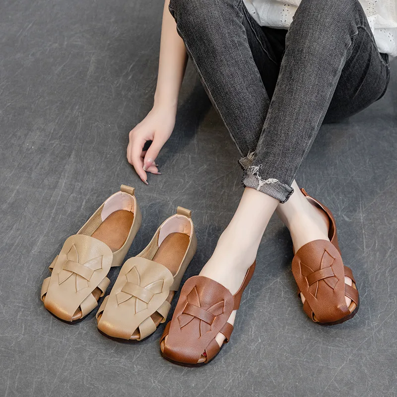 Handmade hollow sandals leather retro simple casual women's shoes 2024 new summer top quality fashion leisure causal 35-41