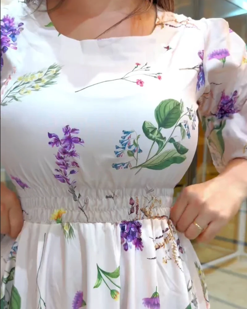 2025年夏新作 レディースワンピース 花柄プリント ハーフスリーブ シャーリング ハイウエスト カジュアル ラウンドネック ロングワンピース ベルト付き