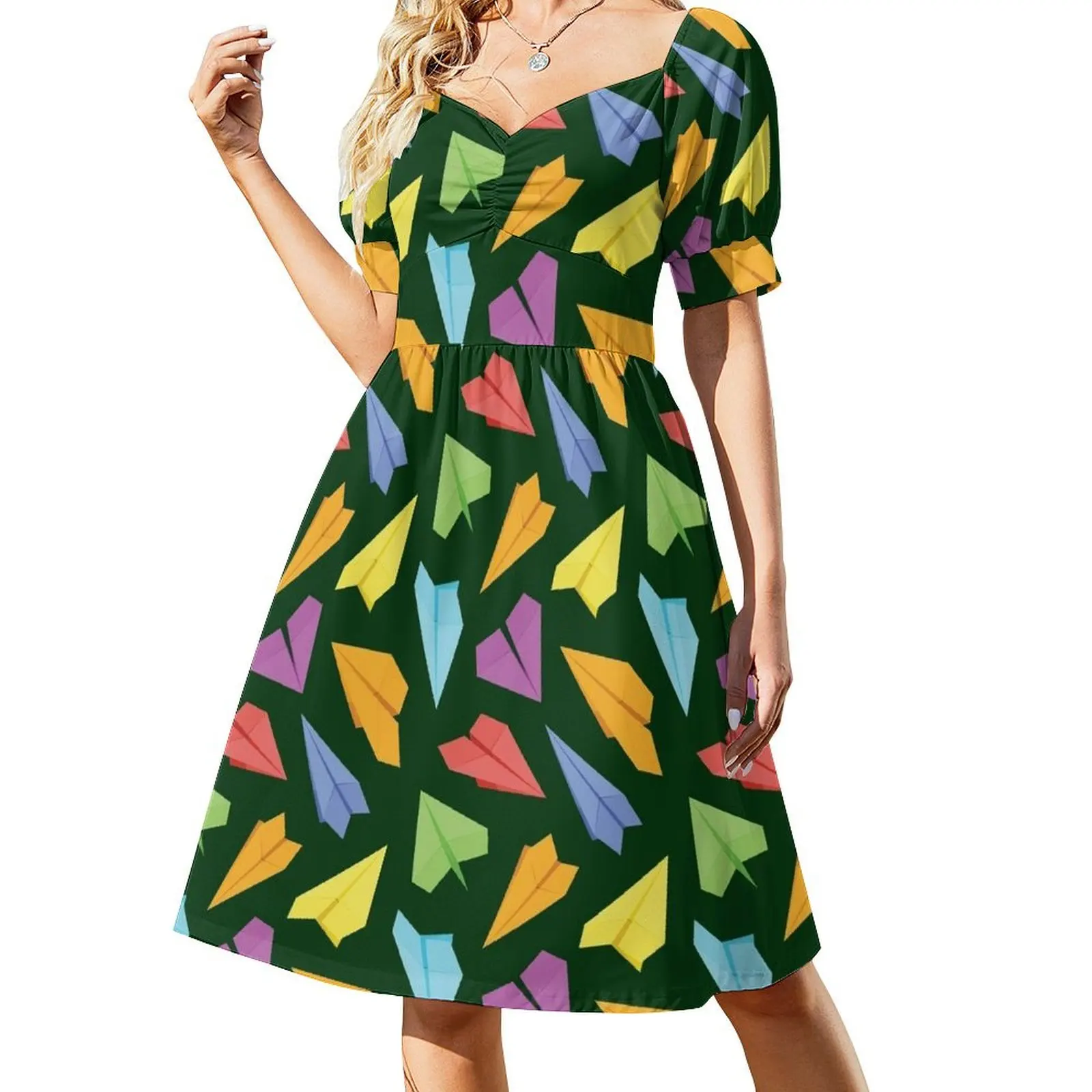 Colorful Paper Airplanes - Dark Green Background Short Sleeved Dress dresses for womens Dress