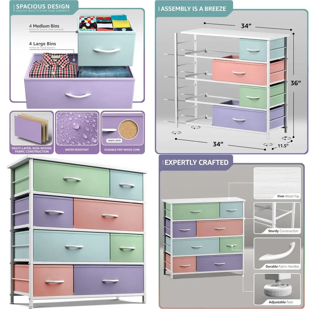 

Комод с 8 ящиками - многофункциональный, для детей, подростков, спален, детских комнат, игровых комнат, для хранения одежды и игрушек - стальная рама с деревянными элементами