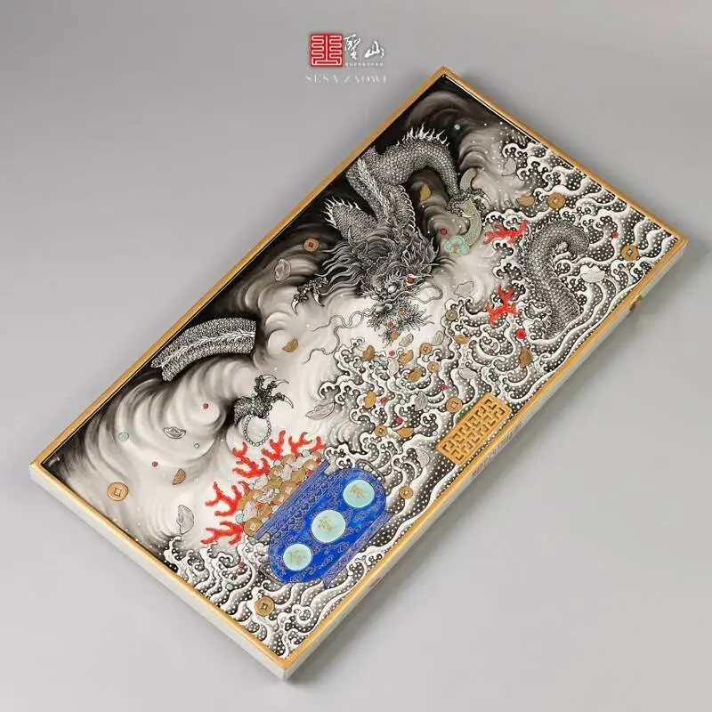Holy Mountain Jingdezhen Classy Pastel Ink Dragon Treasure Hand-Painted Ceramic Set Wet And Dry Tea Tray