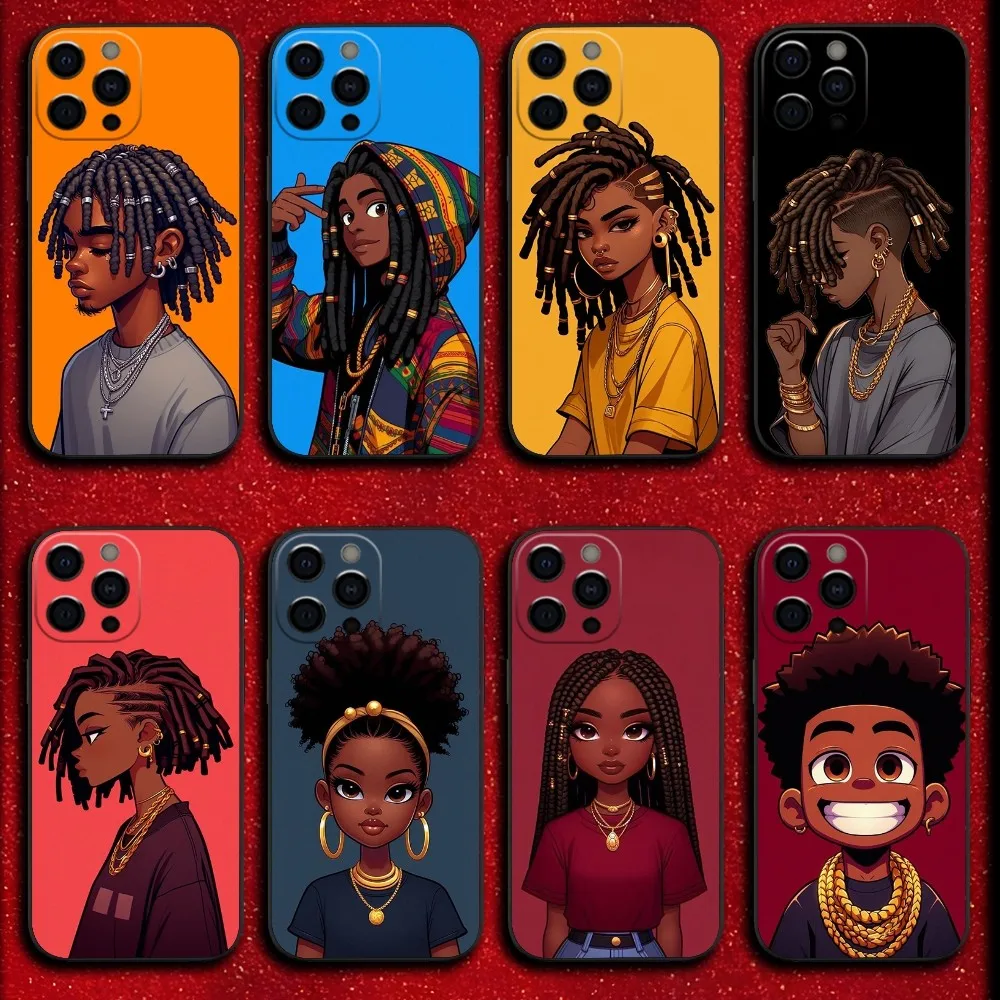 

African Boy Girl Phone Case For iPhone 16,15,14,13,12,11,Pro,X,XS,Max,XR,Plus,Mini Soft Black Cover