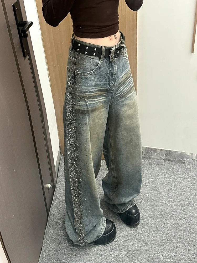 American High Street Design Diamond Side Women's Jeans Vintage Stained Slimming Floor-Length Trousers for Autumn New Arrival