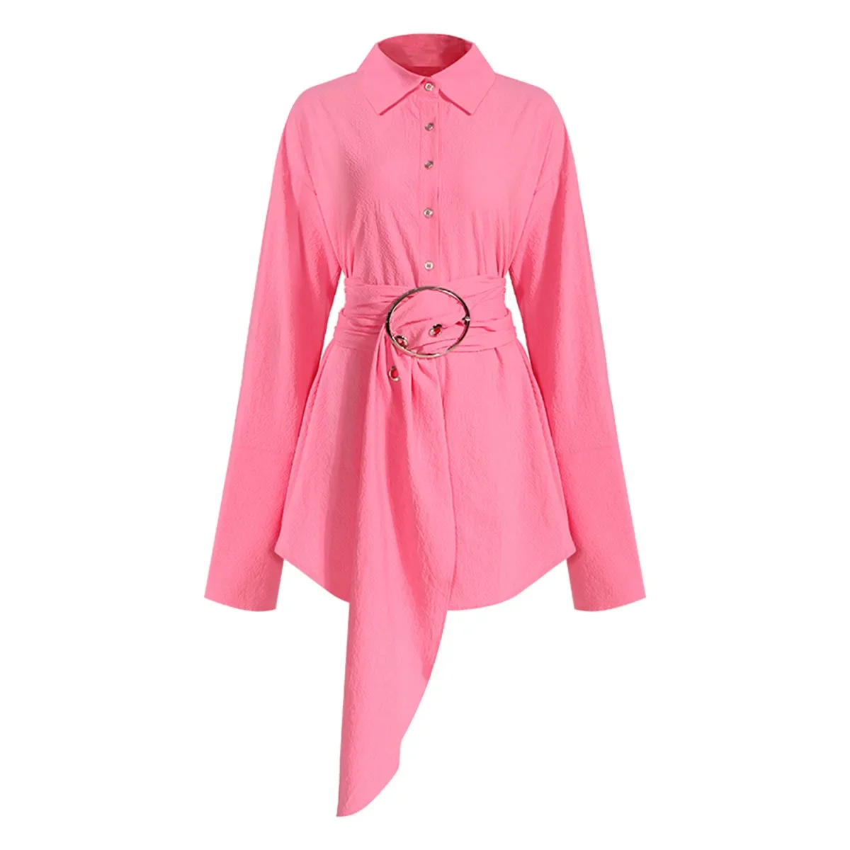 Pink Women Shirt Fashion Female Business Work Wear With Belt Long Sleeve 1 Piece Long Blazer Jacket Prom Dress