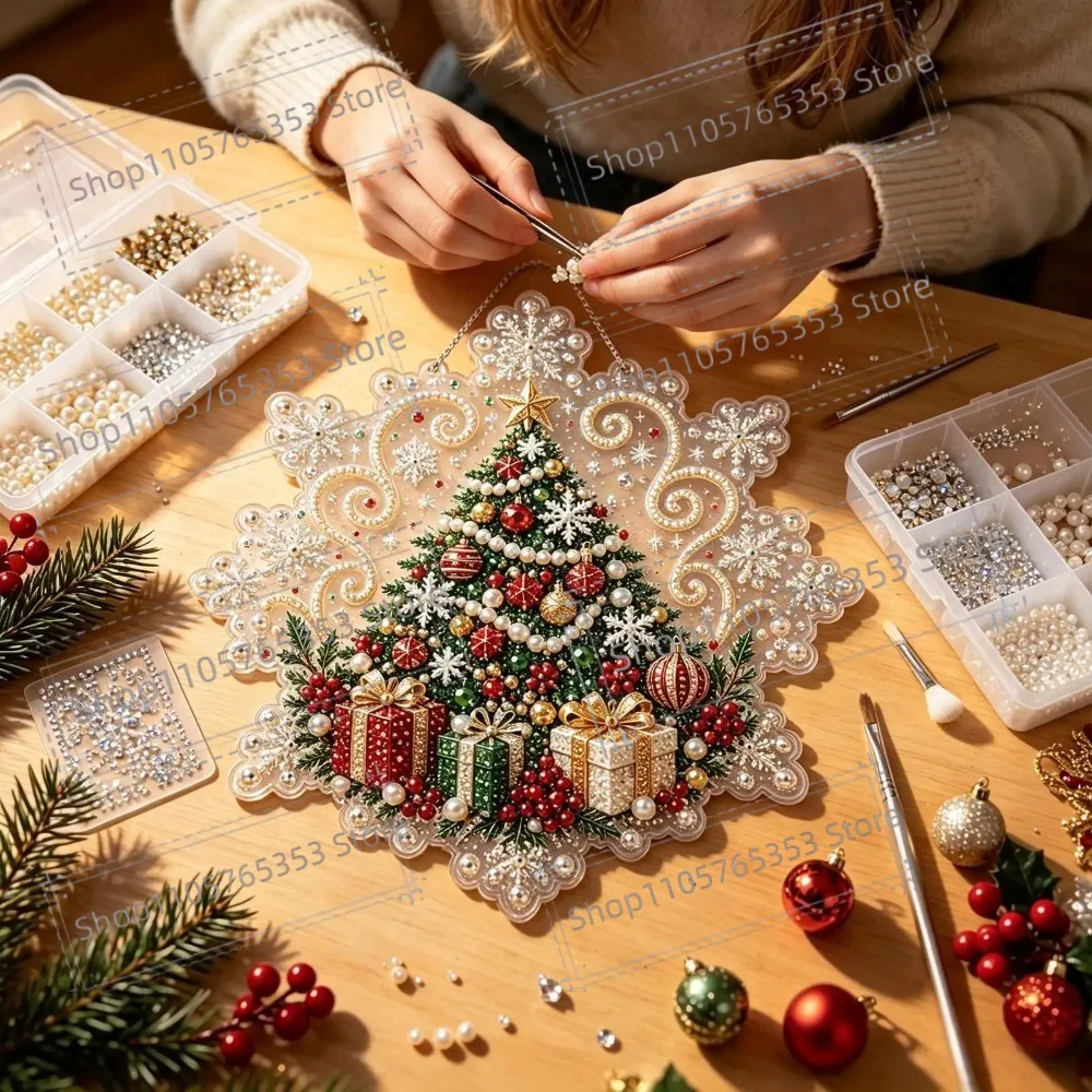 Christmas Pearl Art Kits 2D Acrylic Holiday Window Decorations DIY Christmas Pearl Art Kit for Painting Hanging Pendant