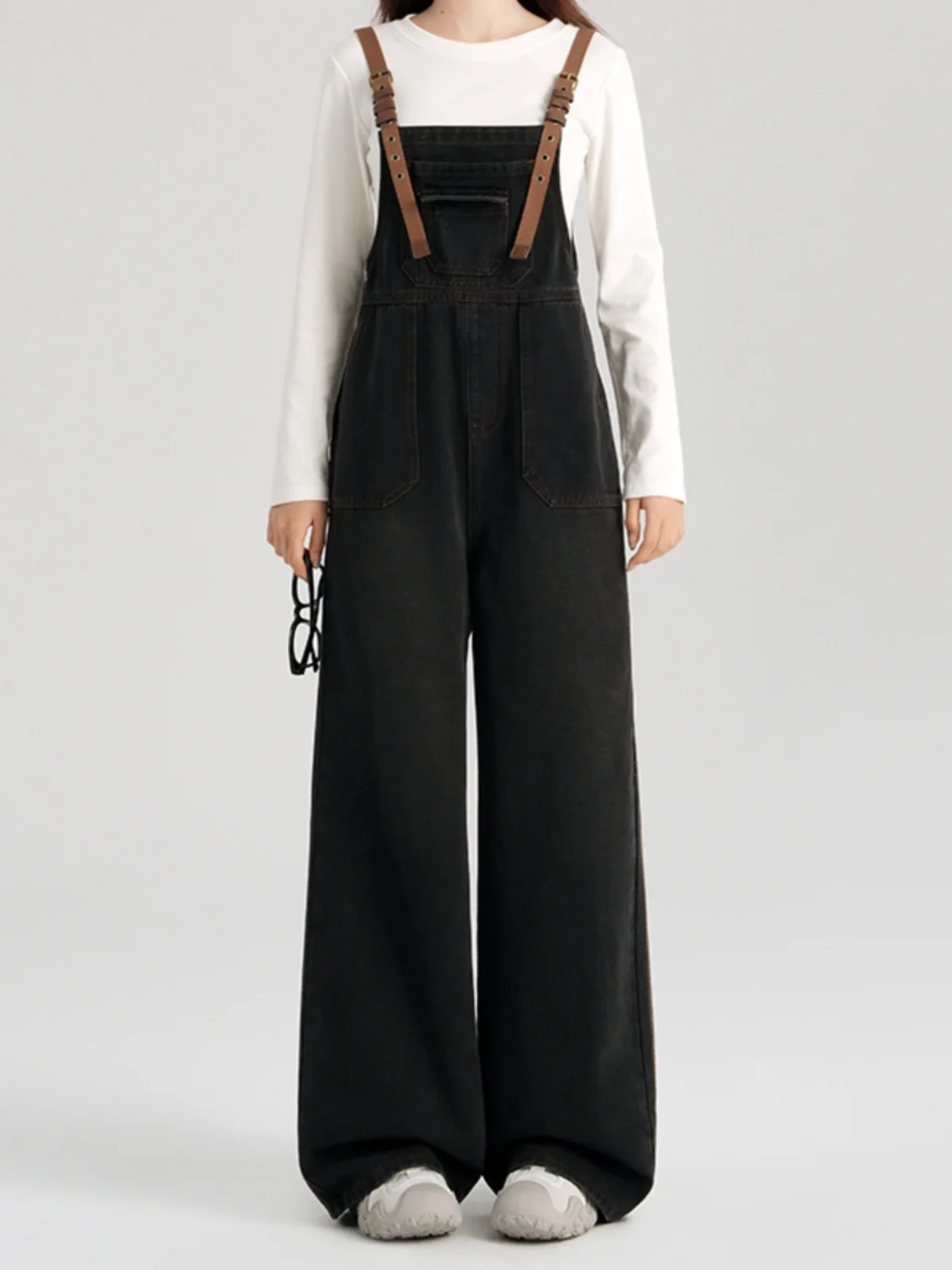 

Azvk American Style Anti-Aging Overalls Lazy Fashion Loose Wide Leg Jumpsuit Slimming Versatile Denim Pants High Waist Cotton