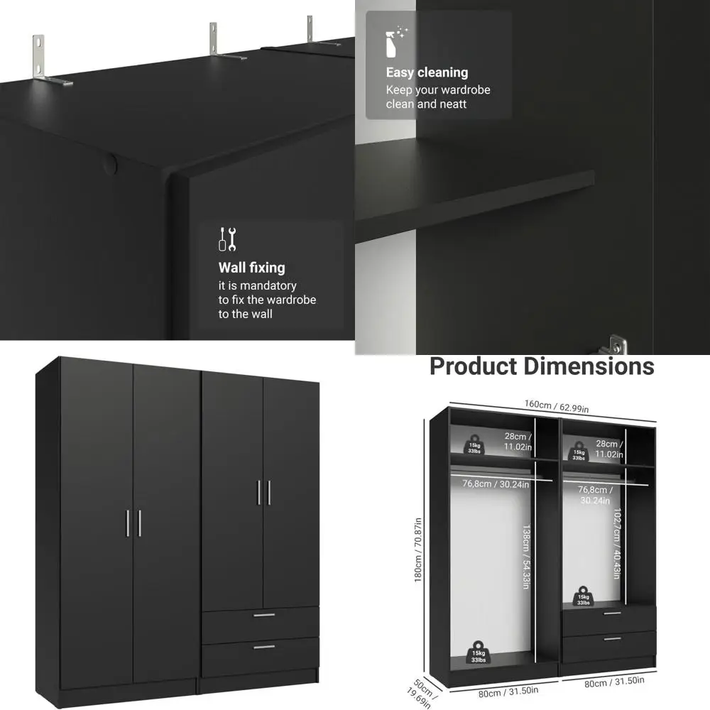 

4 Do2 Ders Wardrobe Set Armoire Closet Bedroom Storage Cabinet with Shelves and Hanging Space 63" L Wooden Clothing Organizer Un