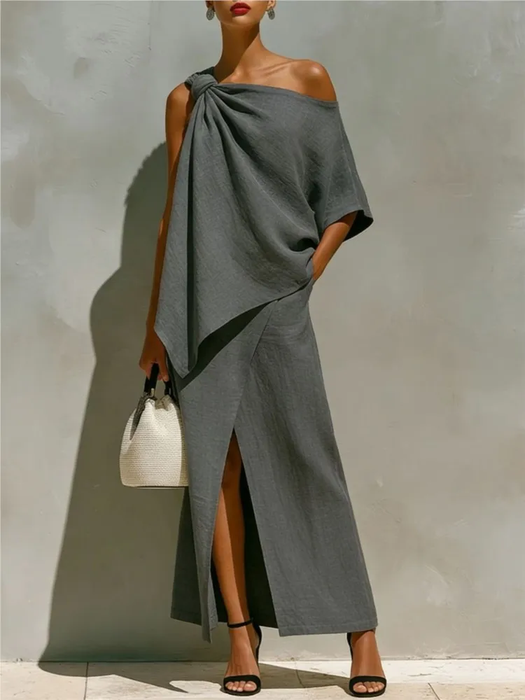 Summer Solid Irregular Two Piece Set Women Off Shoulder Knotted Top & High Slit Maxi Skirt Suit Elegant Casual Vacation Outfits image 4