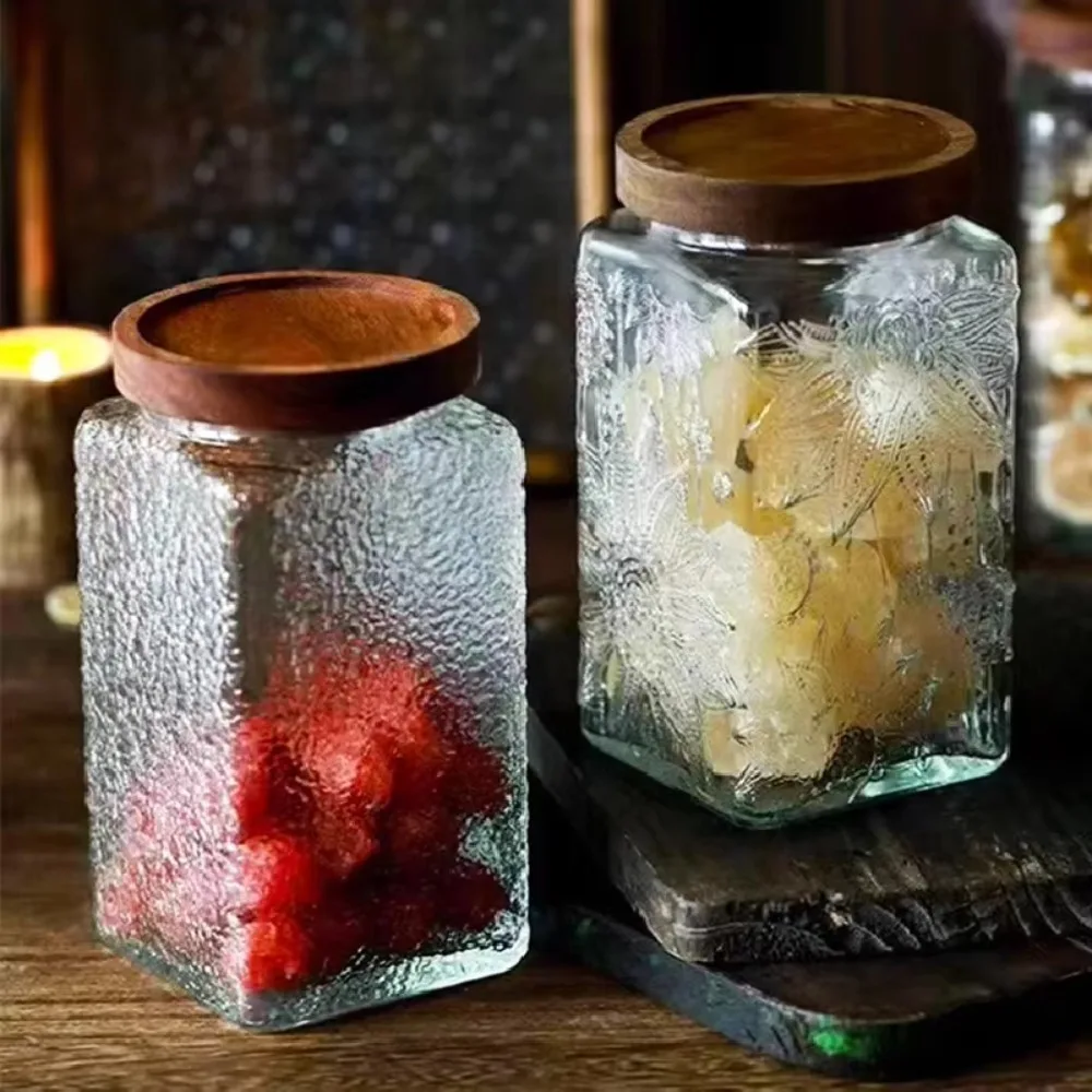 Household Vintage Embossed Glass Storage Jar Wood Lid Moisture-proof Mason Jar Transparent Thickened Kitchen Glass Bottle Candy