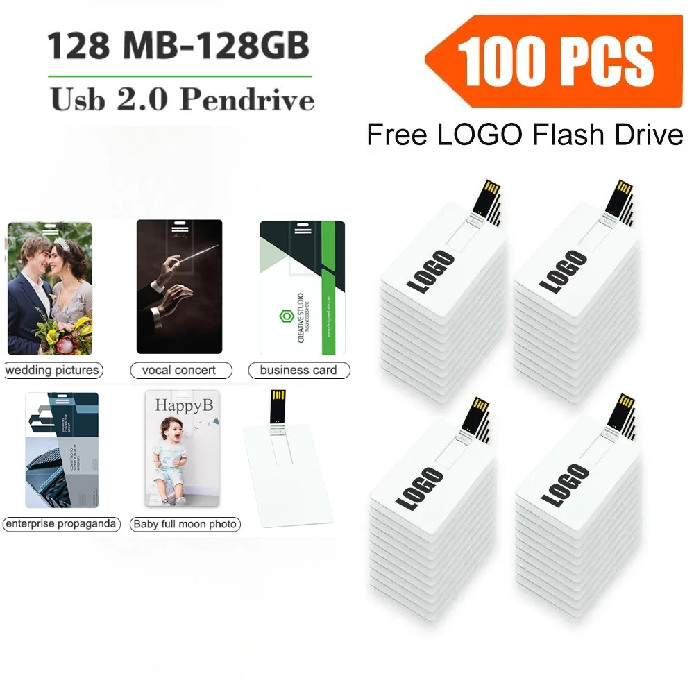 

100PCS 2GB 4GB 8GB Waterproof Super Slim Credit Card USB Flash Drive Pendrive 16GB 32GB 64GB Bank Card Model Memory Stick Drives