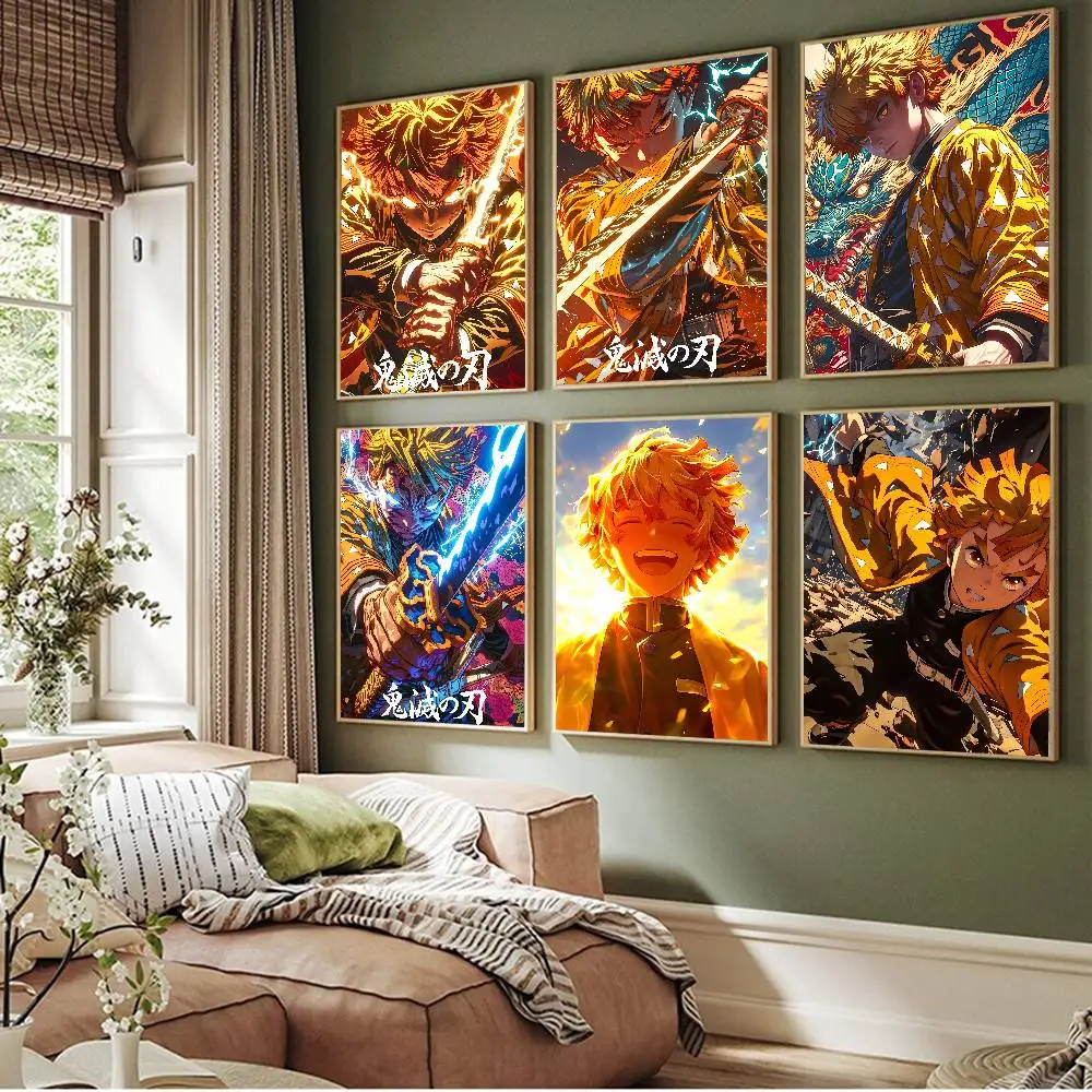 Anime D-Demon S-Slayer Agatsuma Zenitsu Poster Self-adhesive Art Waterproof Paper Sticker Coffee House Bar Room Wall Decor