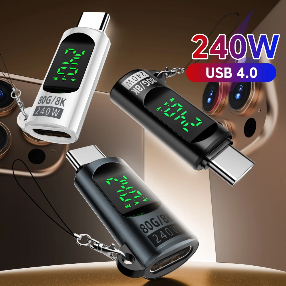 240W Type C to Type C Adapter Digital Display USB4.0 USB C Adapter Data Transfer Convertor For iPhone16 15 Samsung Huawei Xiaomi