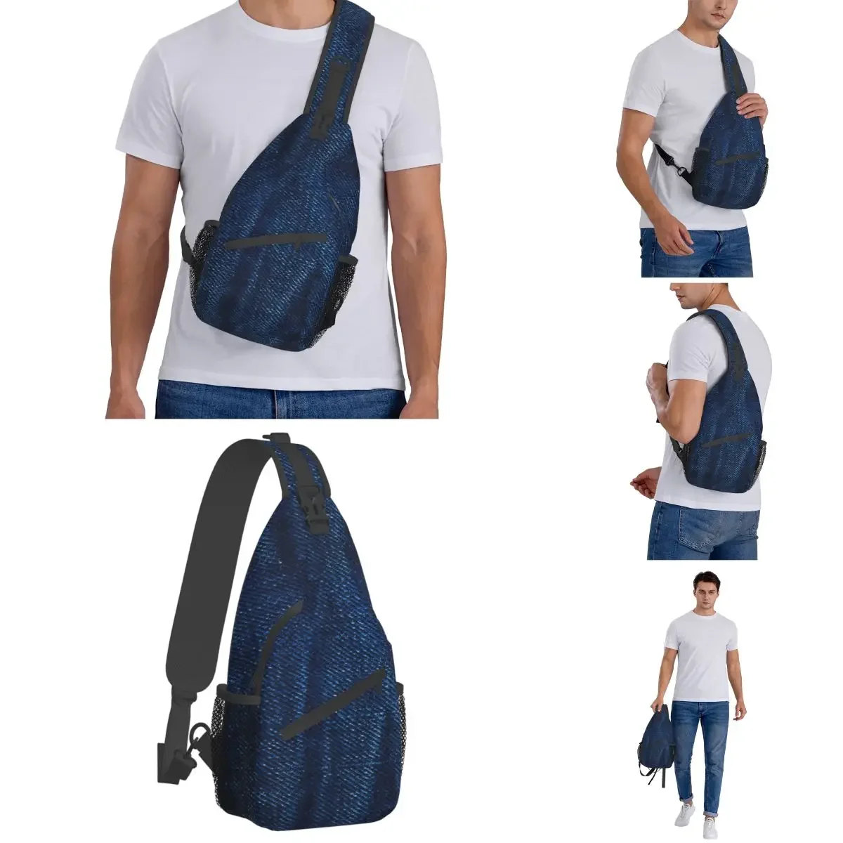 Sac à bandoulière en denim bleu foncé froissé, poitrine, sac à dos initié, voyage, randonnée, sacs de jour, motif imprimé