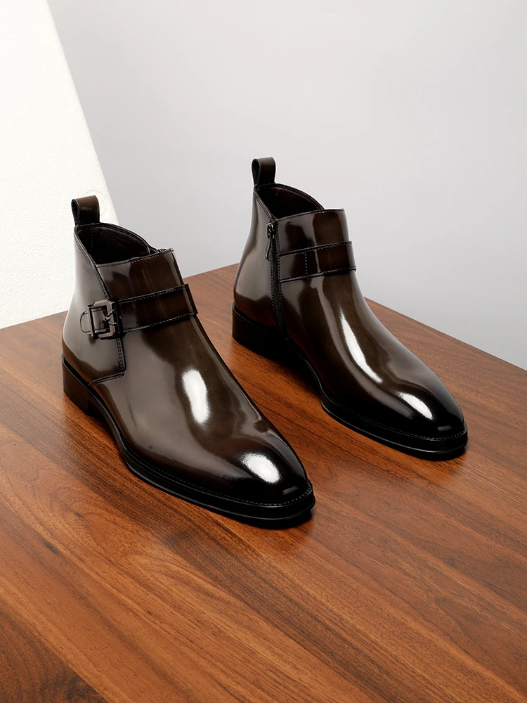 

New Business Formal Chelsea Boots, First-layer Cowhide High-top Pointed Glossy Short Boots Fashionable Men's Shoes