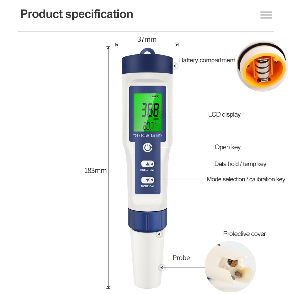 Imagem -05 - Digital ph Tds ce Salinidade Temperatura Tester Condutividade Filtro de Água Pureza Pen com Backlight 50 em 1