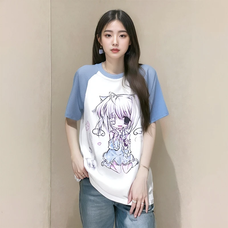 Y2k T Shirts Short Sleeve Women\'s Subculture Cartoon Print Tops Japanese New Casual Kawaii Harajuku Pulovers Summer Tees