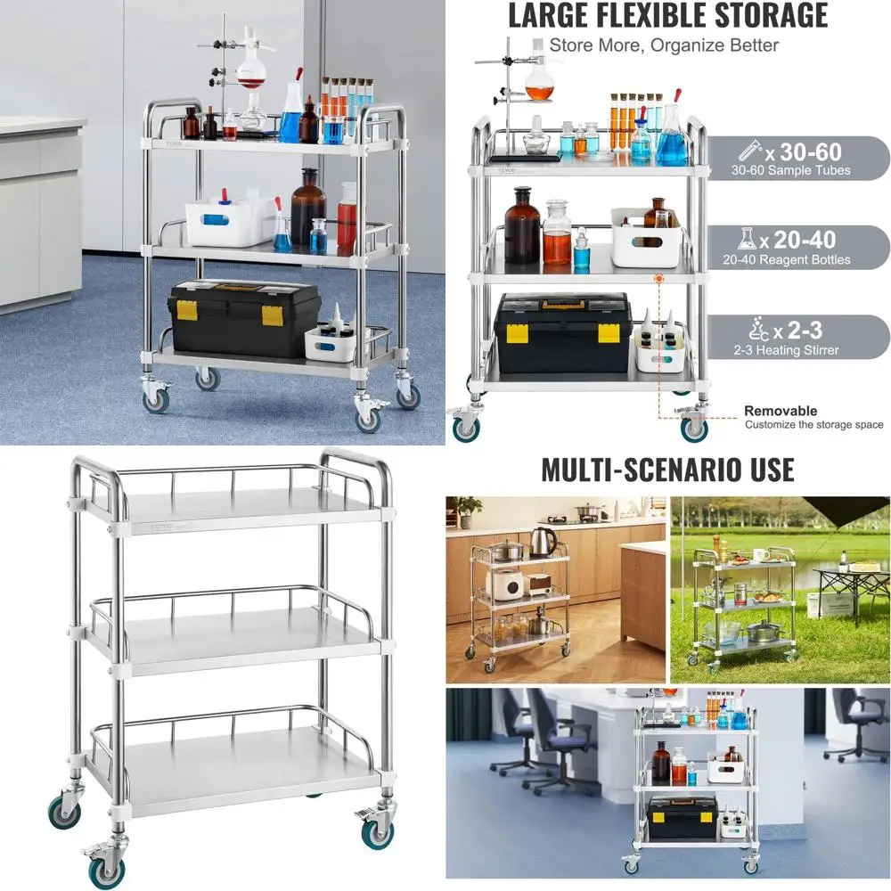 

Трехуровневая тележка на колесах из нержавеющей стали для лабораторий, больниц и стоматологических клиник