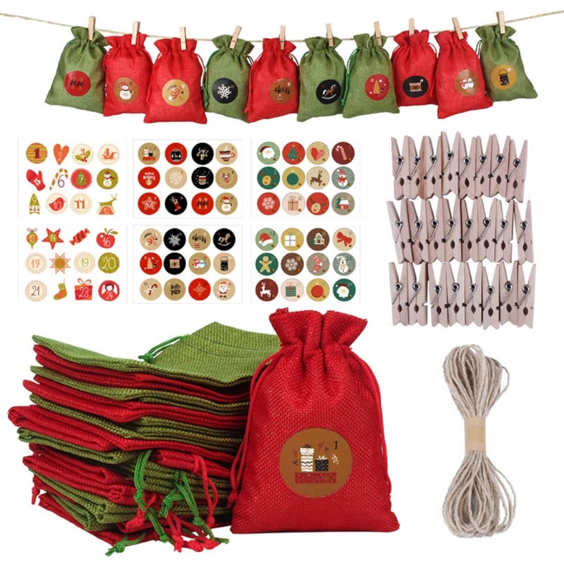 Y1UB 24 Sets Christmas Advent Calendar Drawstring Bag with Stickers Wooden Clips Ropes Hanging Countdown Candy Gift DIY