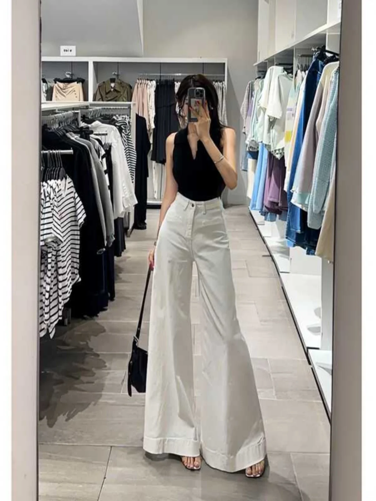 

Белые джинсы с высокой талией и широкими штанинами, женские, свободного кроя, стройнящие, универсальные, осенние, новые, в корейском стиле, с высокой талией