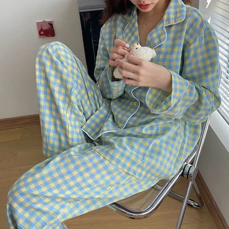 Plaid Sleepwear Women Pajama Sets Korean Piiama Casual Night Wears Autumn Pants Sets 2 Pieces Button Long Sleeve Home Suit New