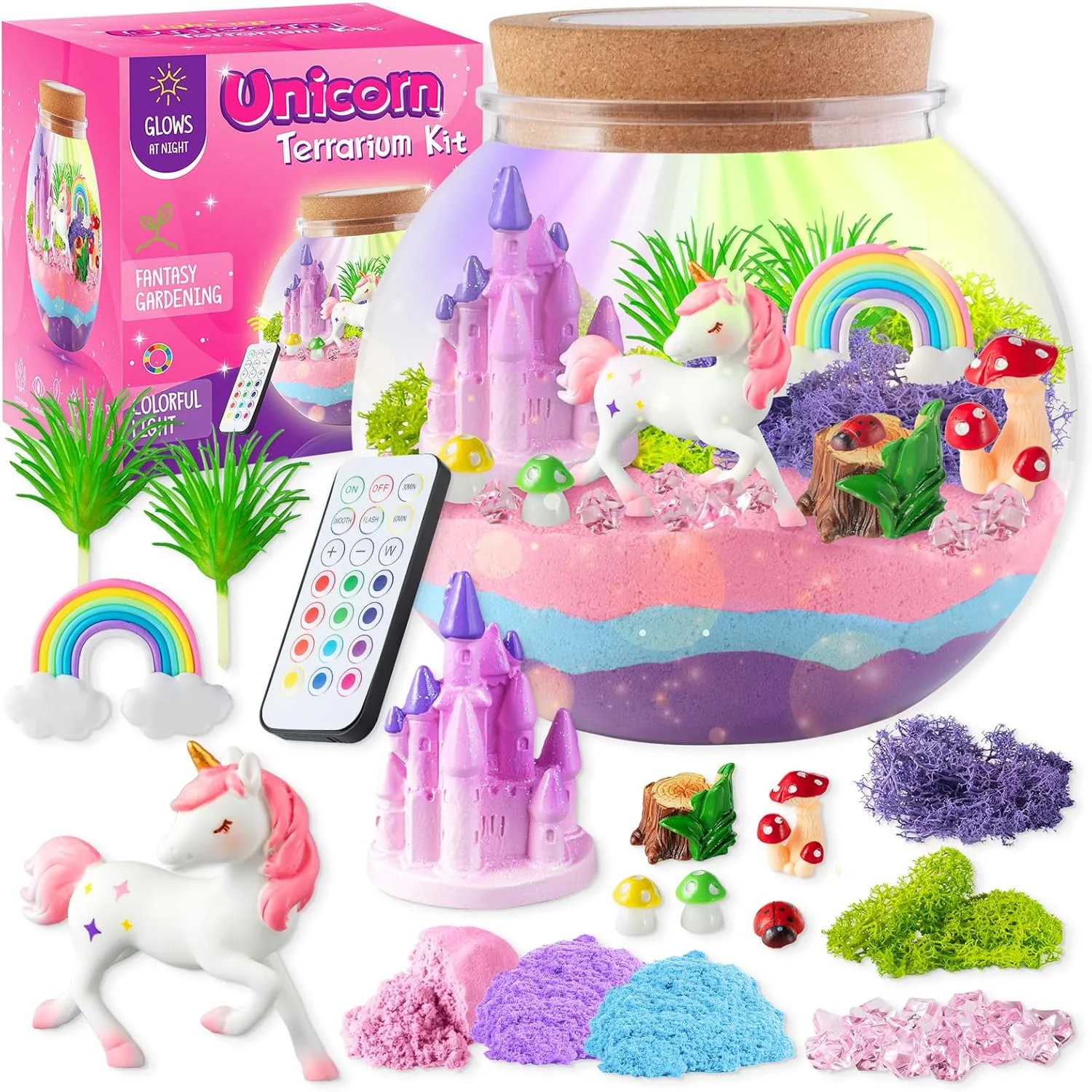 Unicorn Light-Up Terrarium Kit for Kids - LED Night Light Birthday Gift for Girls Ages 4 5 6 7 8-12 Year Old - Unicorn Toys for