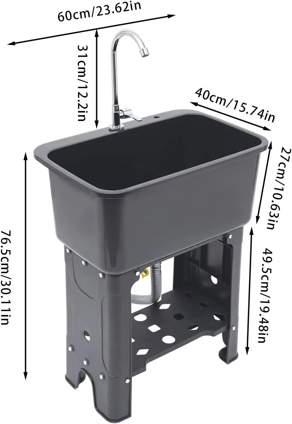 حوض بلاستيكي عالي التحمل مع 360 درجة °   صنبور دوار ورف تخزين - حوض غسيل رمادي للطابق السفلي وحوض حمام المرآب