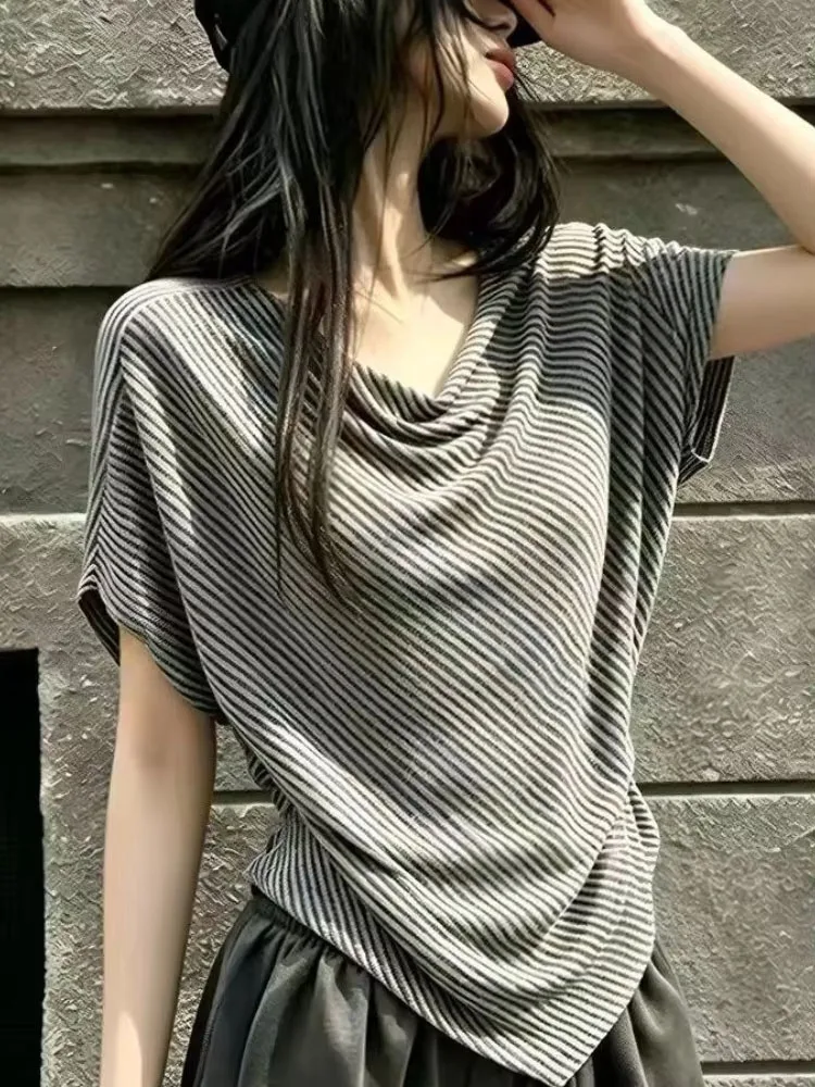 Y2k Harajuku Vintage T Shirts Short Sleeve Striped Irregular Draped Neckline Tops Punk Gothic Tees All Match Slim Women Clothing