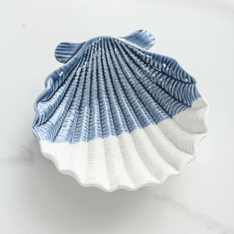 Blue ceramic storage tray, Nordic ocean style shell clam jewelry necklace ring storage tray display stand, fruit vegetable tray