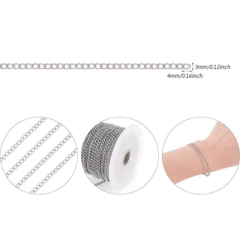 20 Meter/roll 304 Stainless Steel Curb Chains Twisted Link Chain with Spool for Jewelry Making DIY Bracelet Necklace Accessories