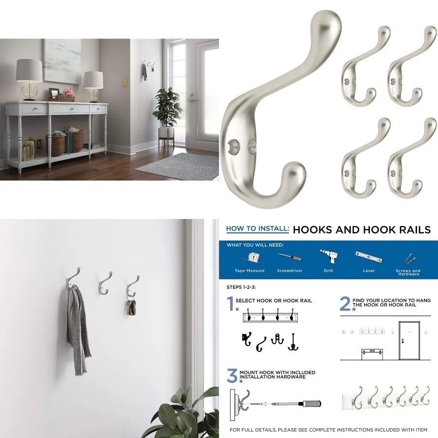 

Heavy Duty 5Pack Matte Nickel Wall Mount Hooks for Coat Hat Backpack Purse Bag Towel Organization Durable Double Hooks for Entr