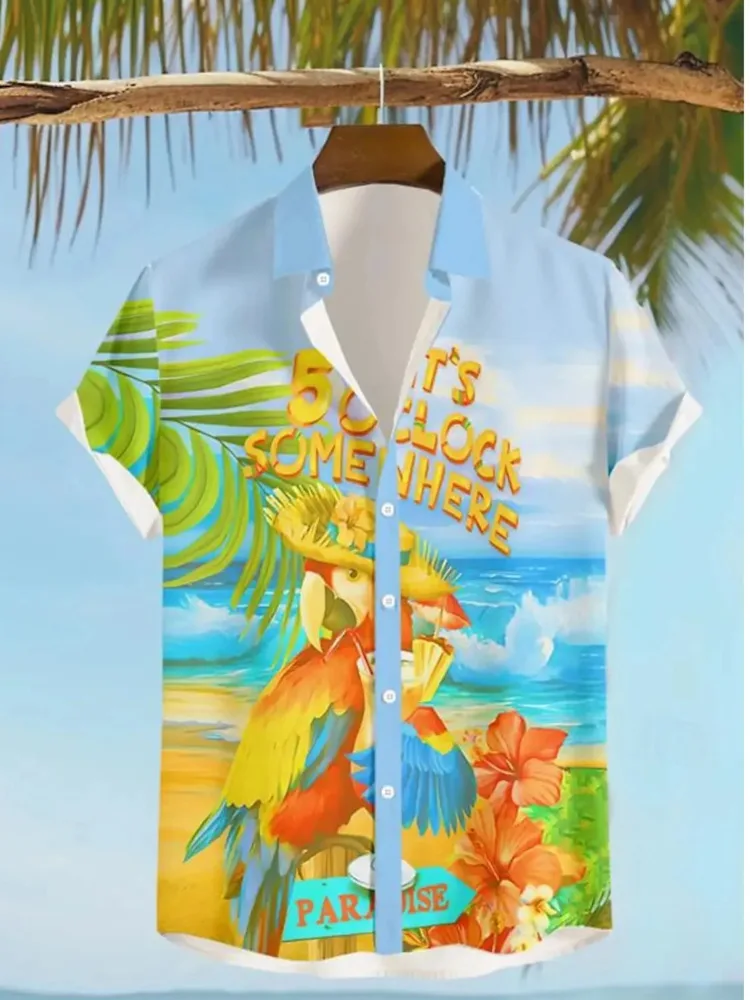 Masculino havaiano 3D impresso de botão para cima camisa de manga curta, é 0:00 Eden Parrot Resort, camisa de praia do verão, desgaste das férias