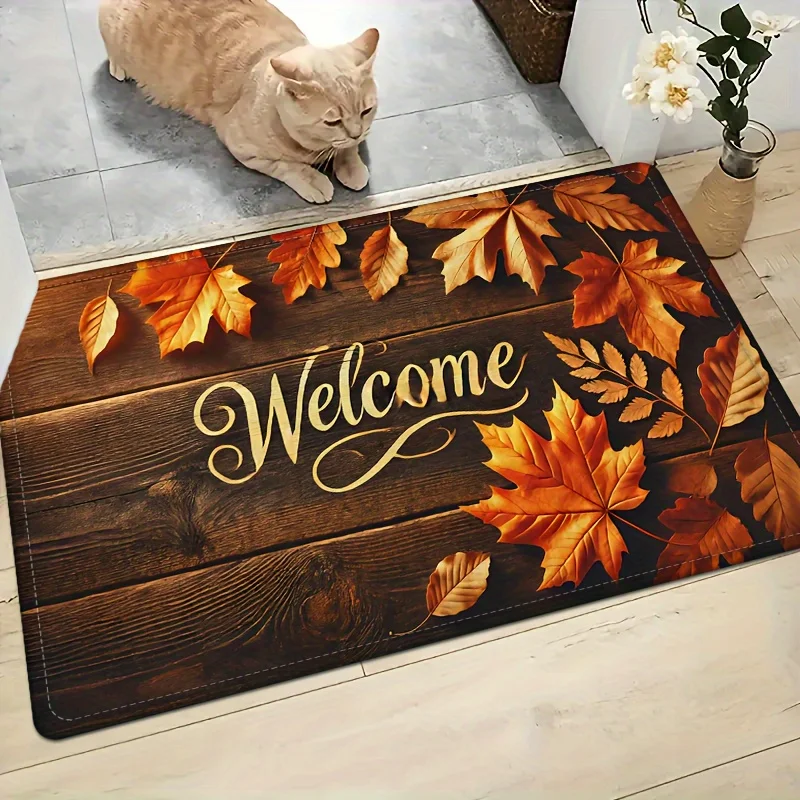 Autumn Farmhouse Floor Rug Welcome Letter Golden Maple Leaf Rustic Wooden‑Look Warm Decor Area Rug for Porch Home Ornament