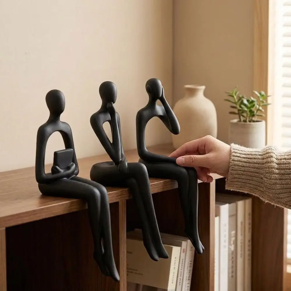 3Pcs Minimalist Abstract Sitting Human Sculpture Set 3D Printed Long Leg Hollow Reading Thinking Figurine Plastic Handmade