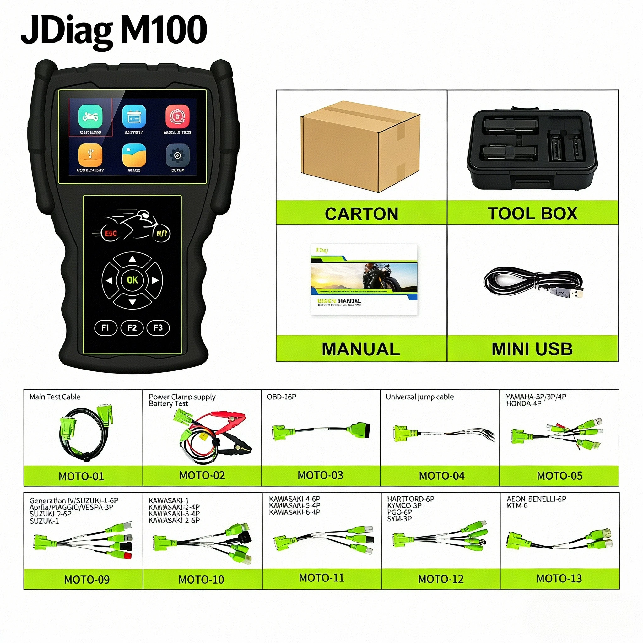 

JDiag M100MOTO SCAN Motorcycle Diagnostic Tool OBD2 Scanner For Yamaha Honda Kawasaki Suzuki KTM Battery Test Full System