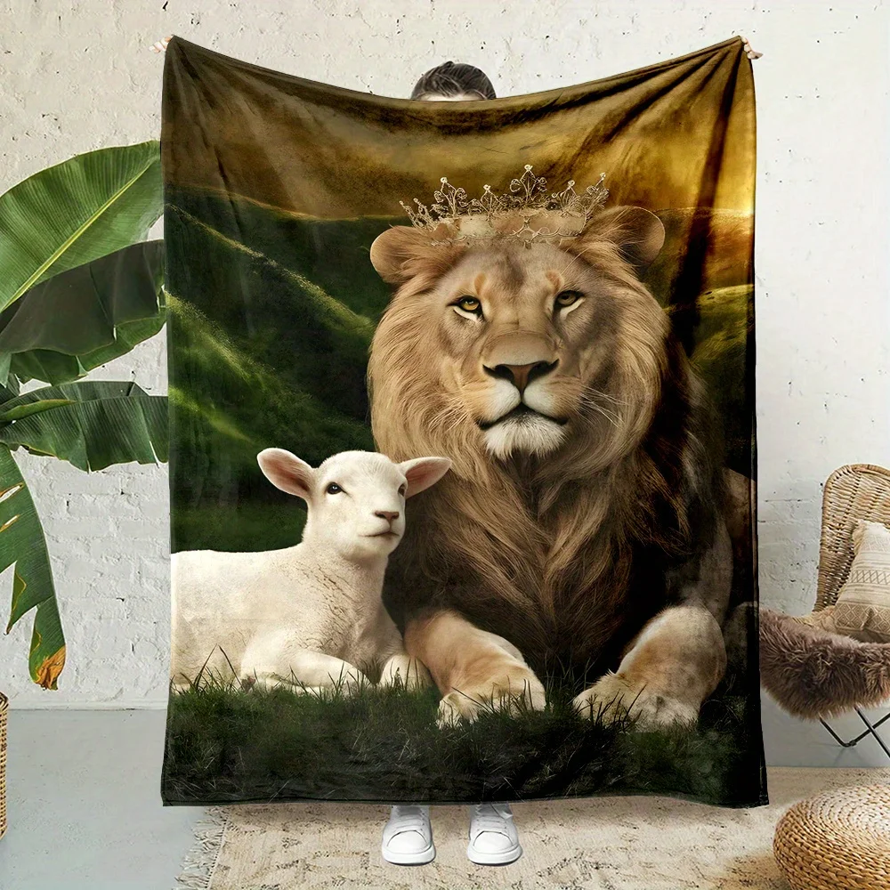 Lion with Crown and Lamb Digital Print Flannel Blanket - Soft and Durable Polyester Non-Woven Throw - Reversible, All-Season Car