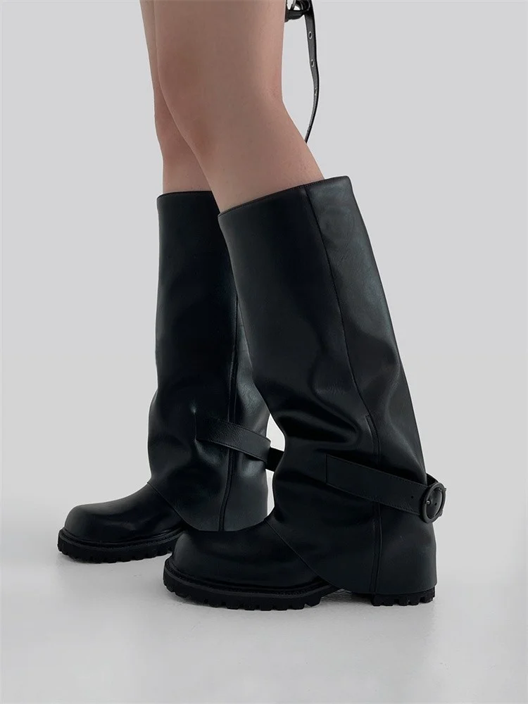 

Длинные сапоги Seoul Sle, ботинки на прямом каблуке с круглой головкой, модная уличная одежда для молодых женщин, всесезонная одежда