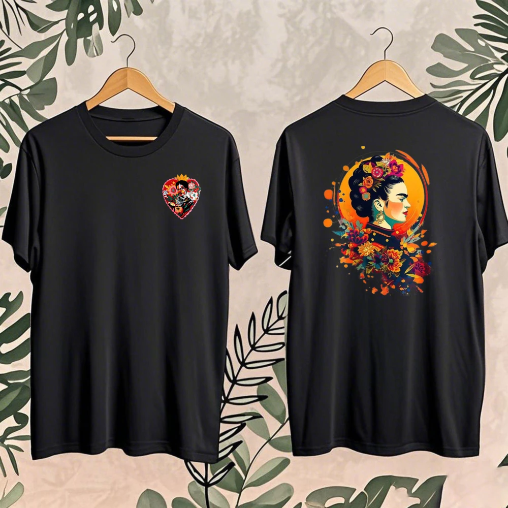 Frida Kahlo Botanical Art Print T-Shirt Double Sided Casual Cotton Tee Retro Mexican Artist Inspired Streetwear Women Camisetas