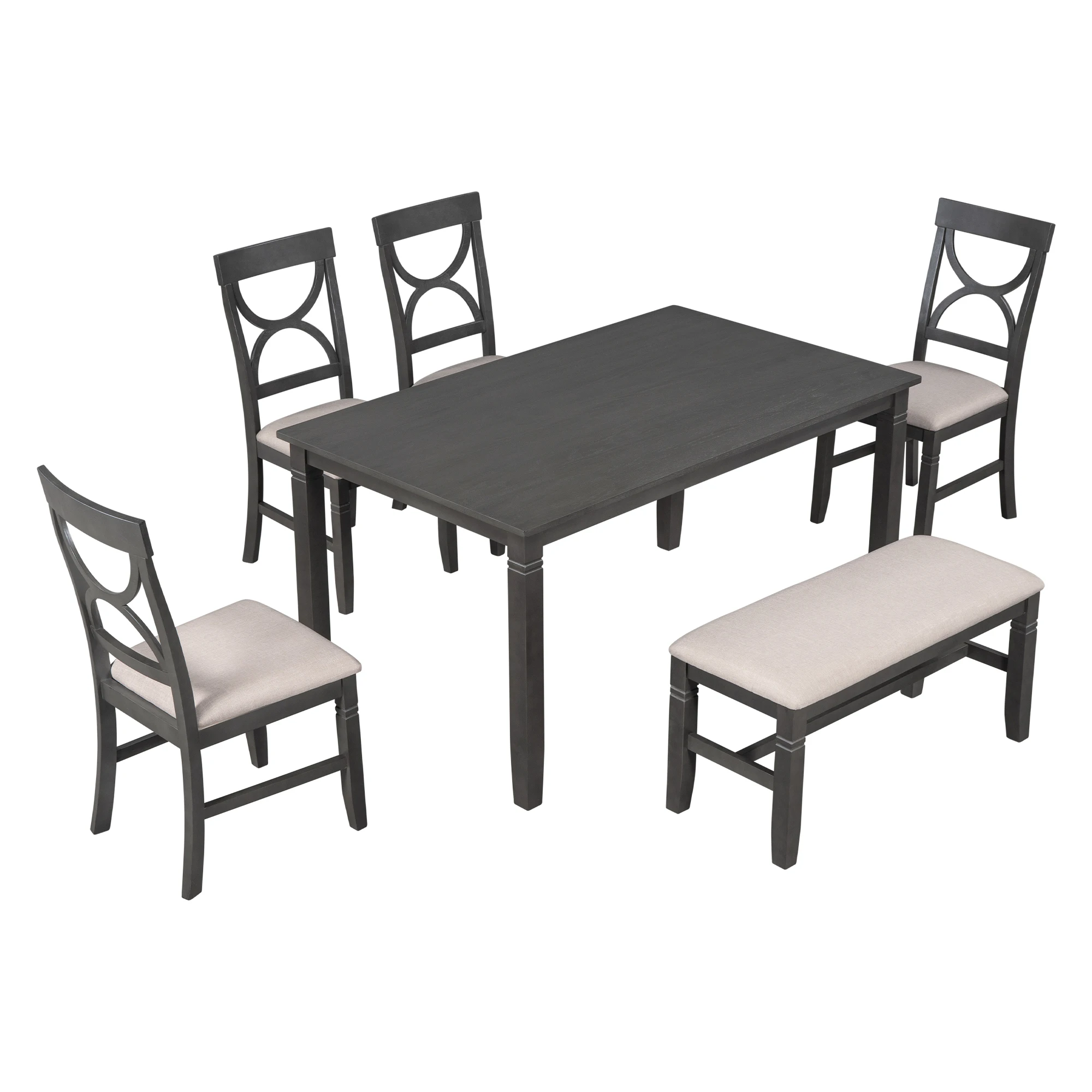 

6-Piece Wood Dining Table Set Kitchen Table Set with Upholstered Bench and 4 Dining Chairs, Farmhouse Style,Gray