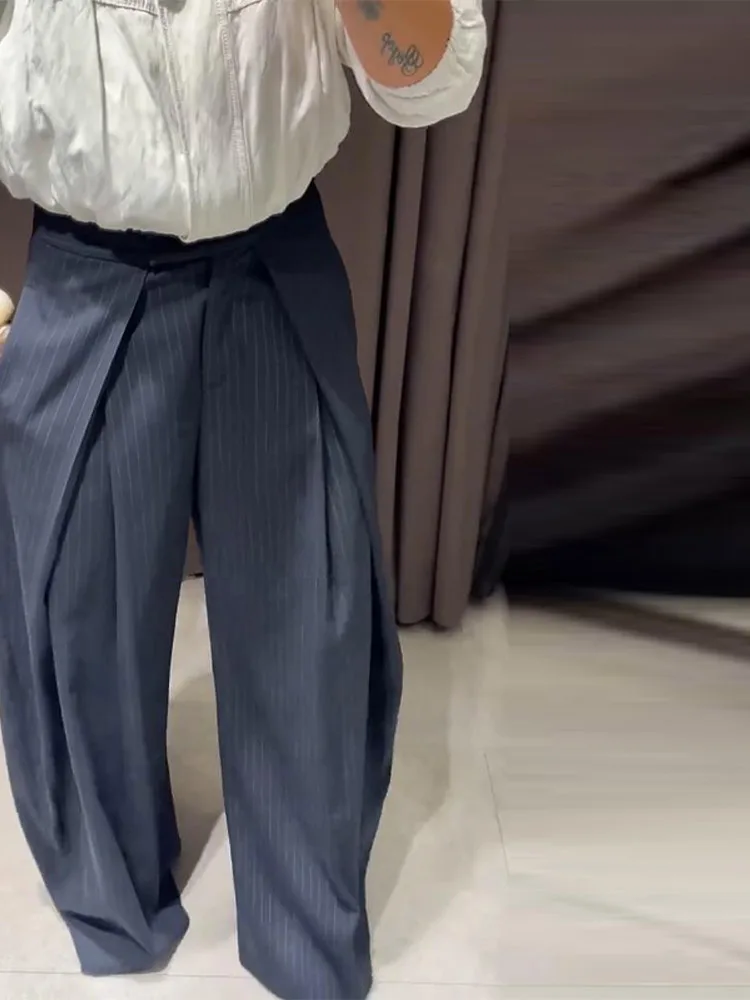 カジュアルストライプワイドLEDパンツ レディース ハイウエストプリーツストレートロングパンツ 女性 2025 ファッション 夏秋 レディースボトムス
