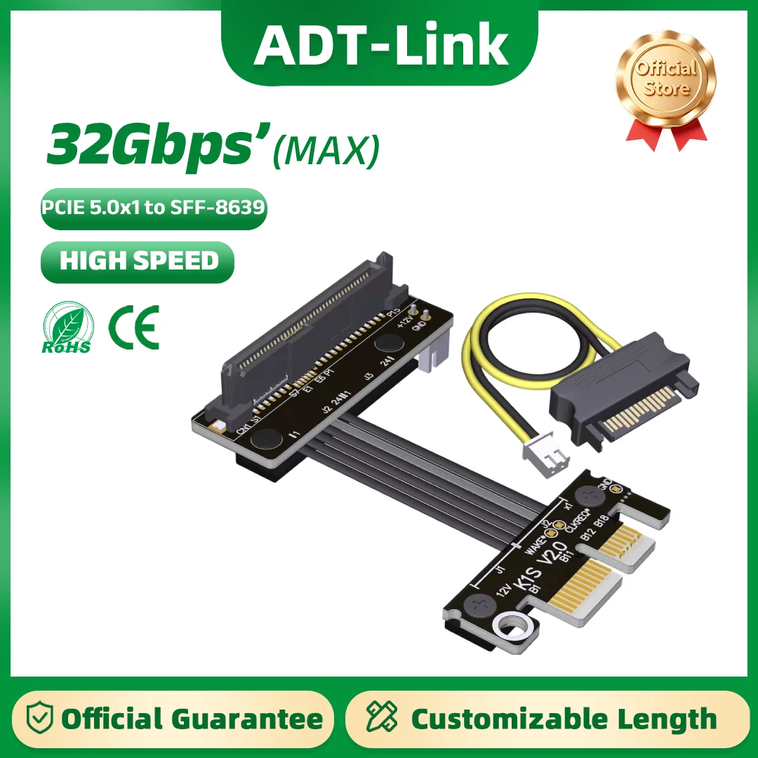 ADT-Link PCIe 5.0 X1 to SFF-8639 Adapter 32Gbps Gen5 U.2 NVMe SSD Extension Cable for Server PC Internal Storage Expansion Card