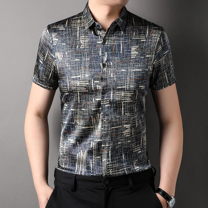 

Vintage Print Real Silk High-End Men Shirt Short Sleeve Icy Cool Summer Quality Smooth Comfortable Fashion Premium Chemise Homme