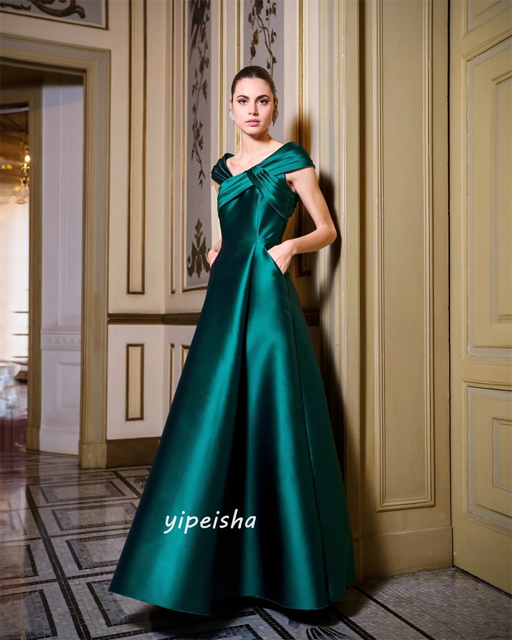 Customized Jiayigong  Simple Modern Style Formal Evening V-Neck A-line Pleat Floor-Lengths Bespoke Occasion Dresses