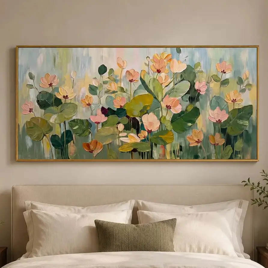 Endless Bloom – Modern Hand-Painted Horizontal Floral Oil Painting | Minimalist Living Room Wall Decor