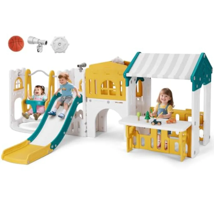 

Игровой комплекс 10 в 1 для малышей: горка, скалодром, домик, качели, баскетбольное кольцо, телескоп.