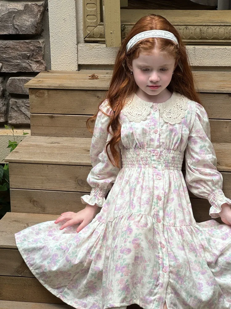 

Girls Skirt 2025 Autumn and Winter New Children's Clothing Girls Baby Gauze Flower Waist Retro Dress Casual Simple All Match