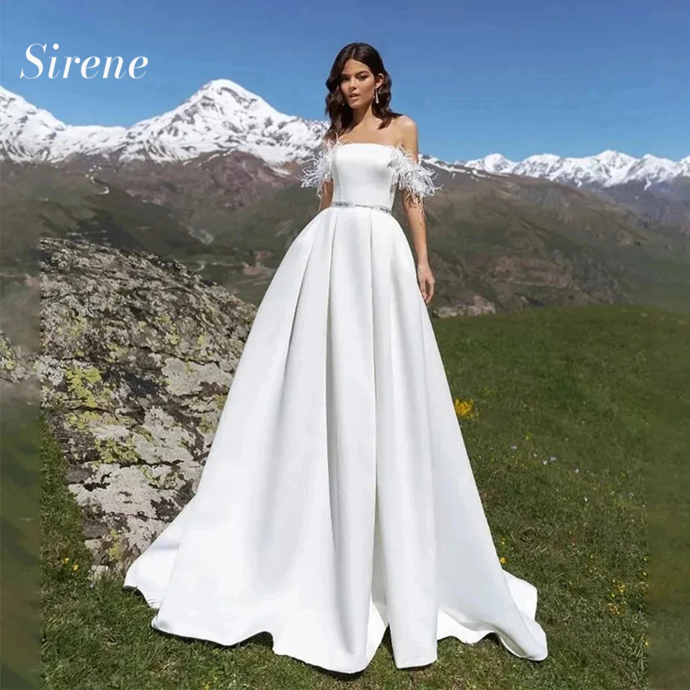 Sirene-vestido De Novia blanco con hombros descubiertos, traje De Novia sencillo con plumas, línea A, largo hasta el suelo, Espalda descubierta, 2024