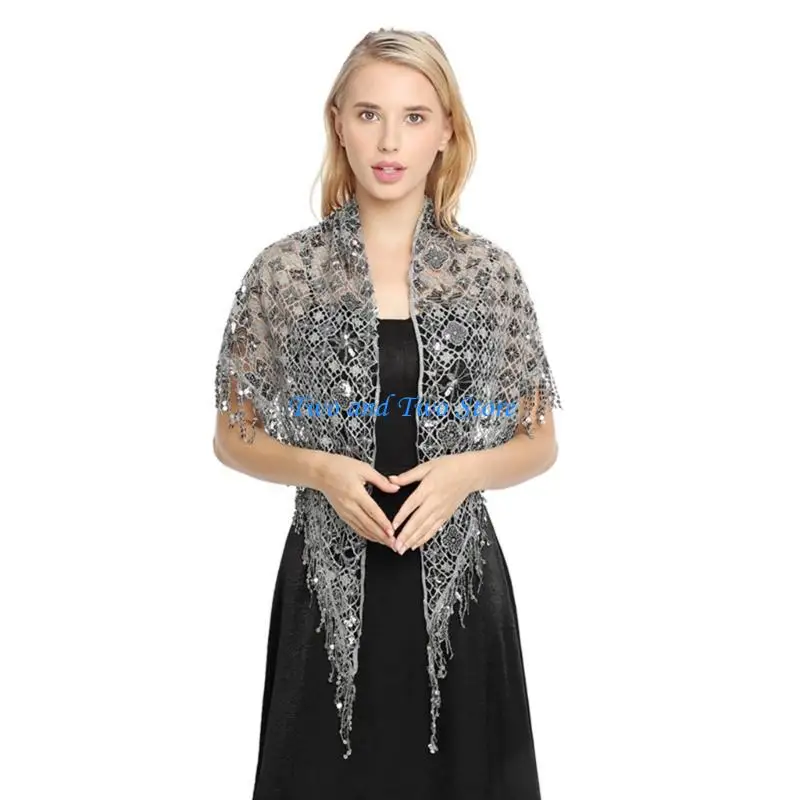 

HX6F Sequins Shawls Triangular Shawl Embroidered Tassels For Formal Event