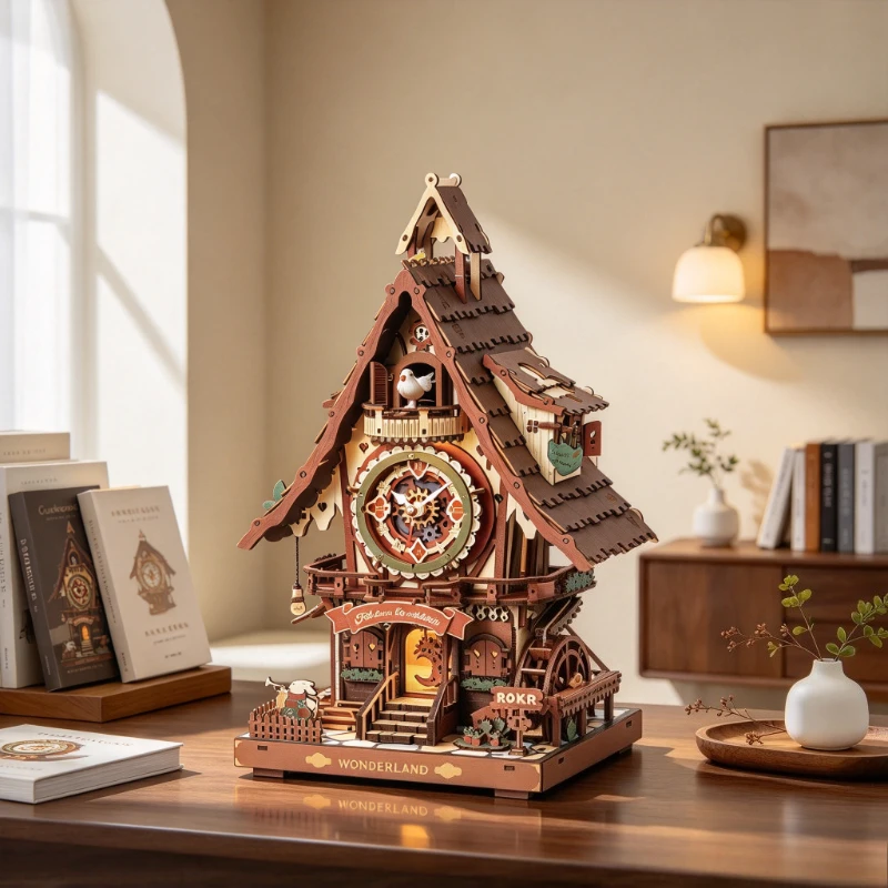 Wooden Cuckoo Clock Model Kit, Adult 3D Building Puzzle with Roman Numeral Dial, Stepping Clock Movement, Interlocking Assembly